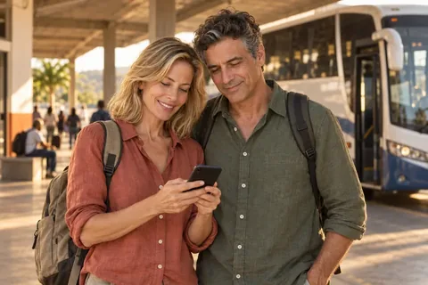 A couple with backpacks checks Cidade Turismo on a phone, on a bus station platform.