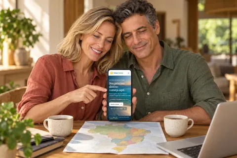 A couple plans a trip with Cidade Turismo on a phone, with a map of Brazil on the table.