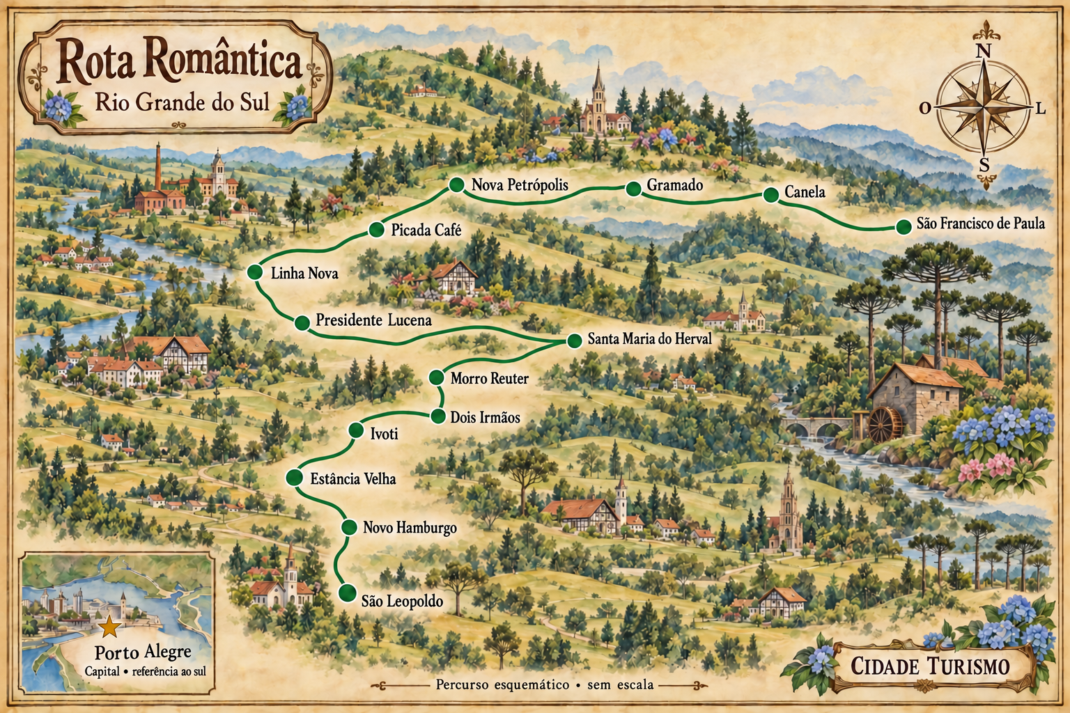 Illustrated map of Rota Romântica