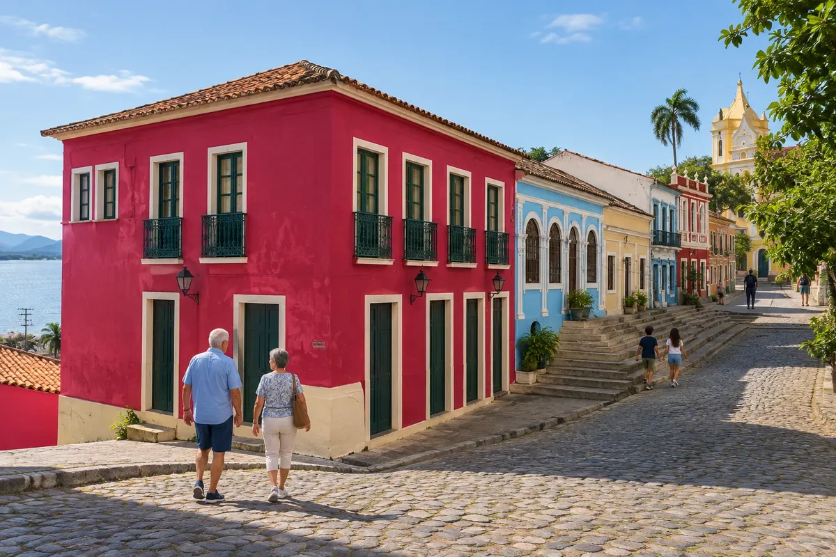 Mansions in the historic center, with the bay in the background