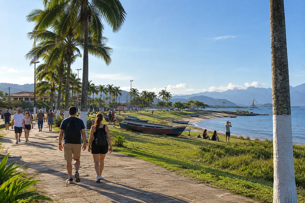 Boats and coconut palms on the Ponta da Pita waterfront.