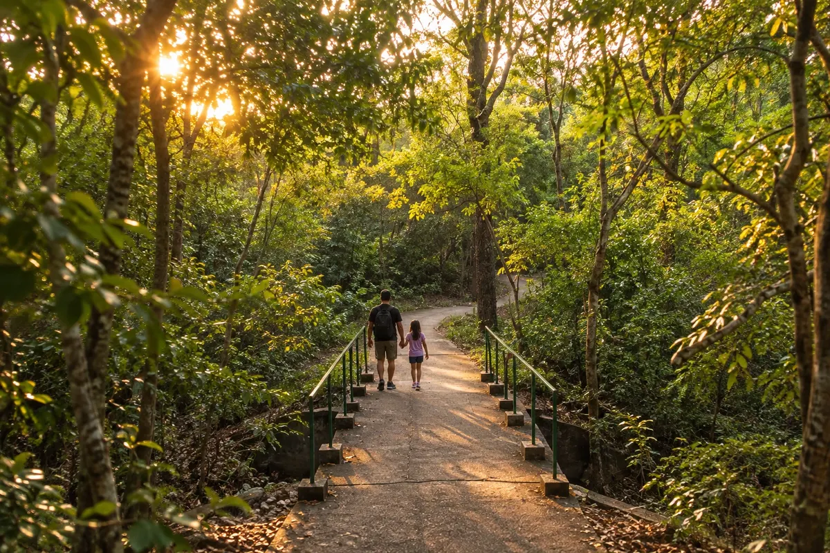 A bridge on the trail, in the middle of the native forest.