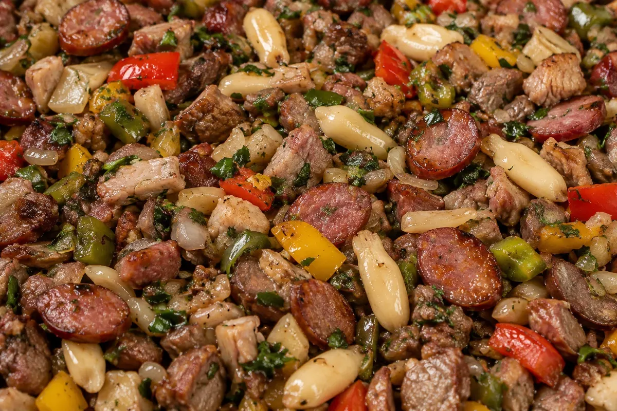 Pinhão entrevero — pinhões and sautéed meats.