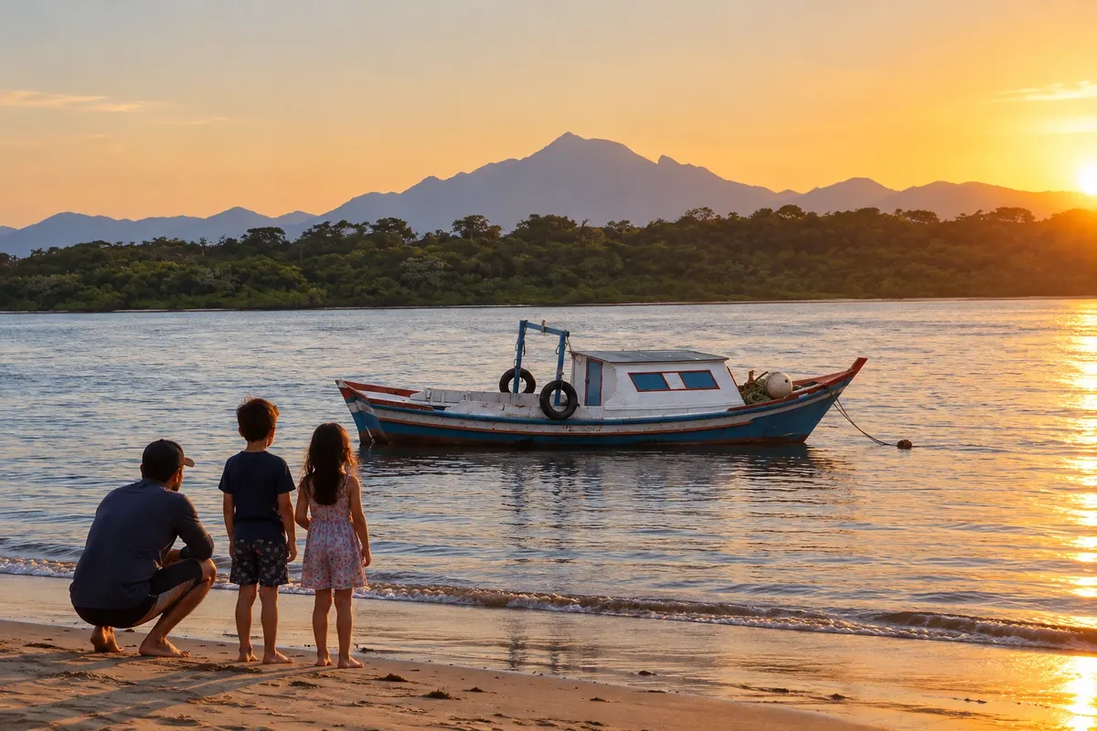 Barco en la bahía, con las montañas al fondo