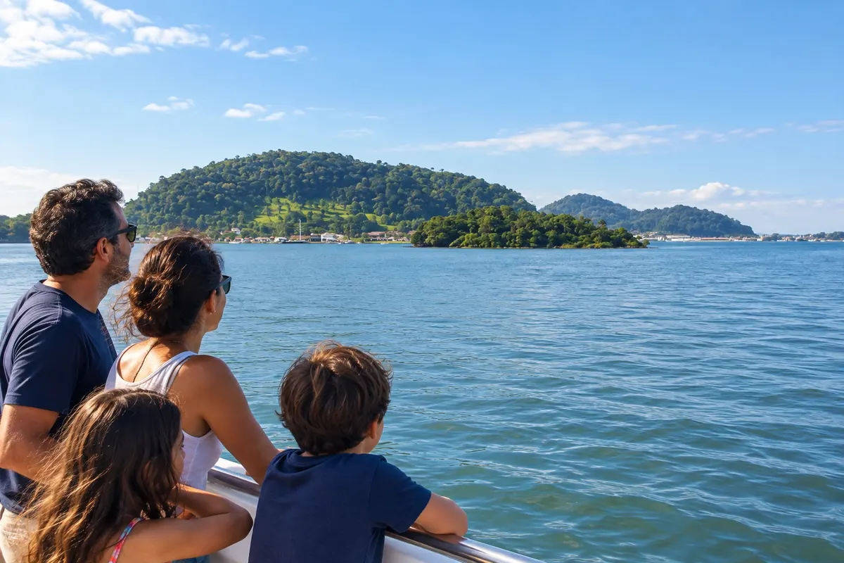 Islands and hills seen from a boat on the Baía de Guaratuba