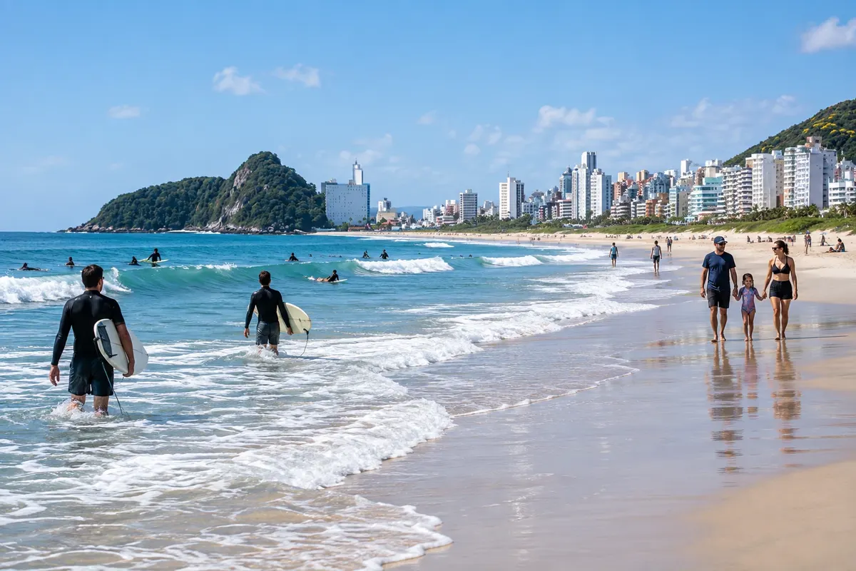 Waves and a wide strip of sand at Praia Brava