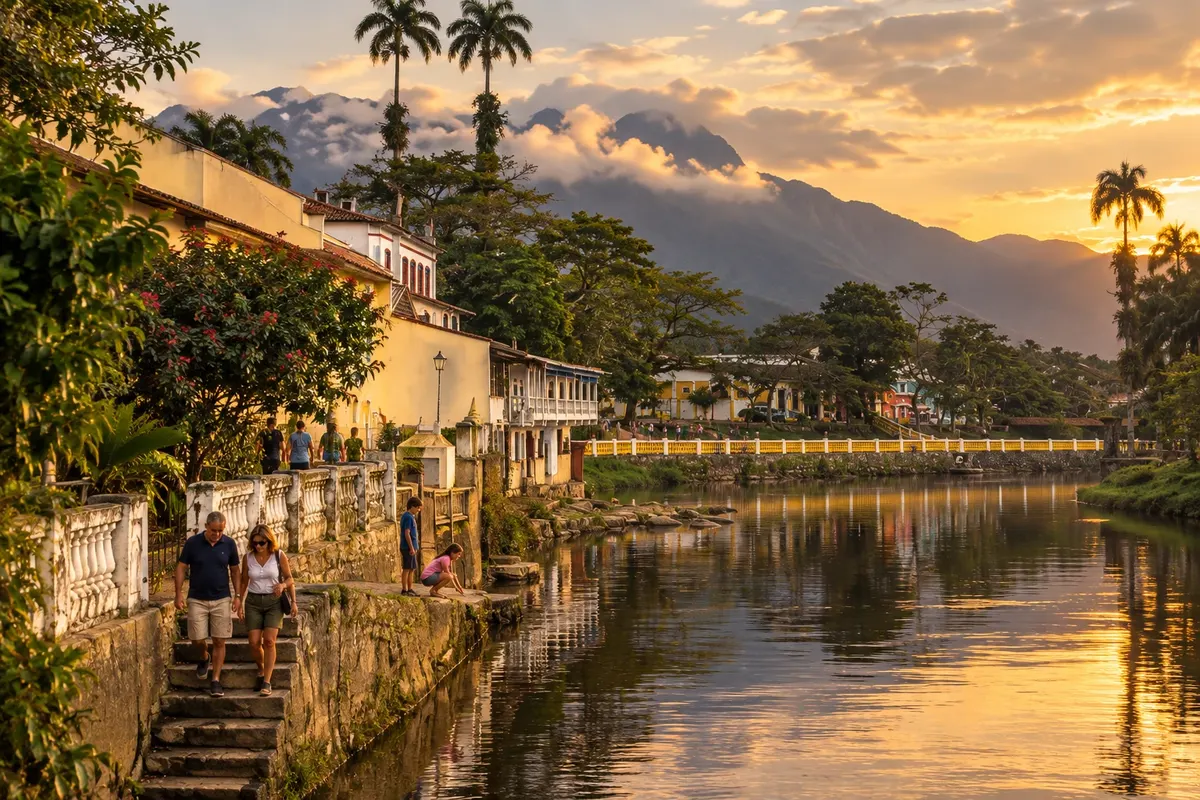 El caserío a orillas del Nhundiaquara, con la sierra al fondo.