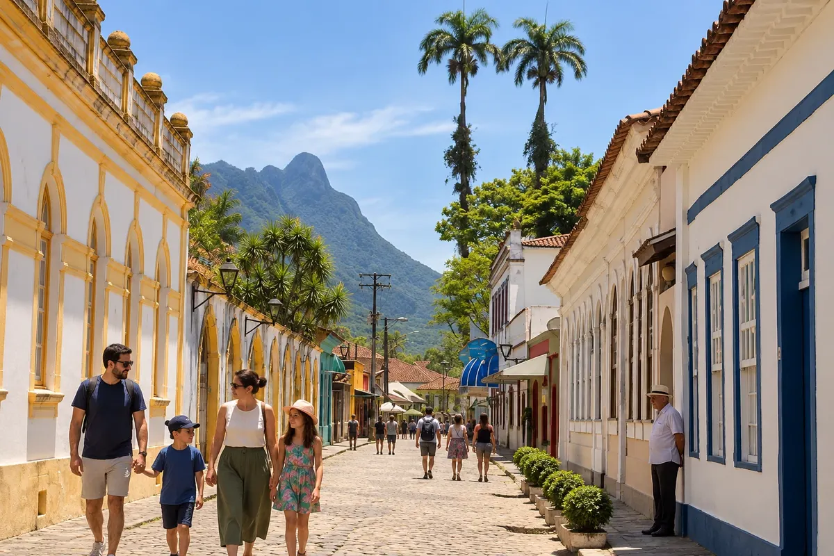 Calles de piedra y el Marumbi en el horizonte.