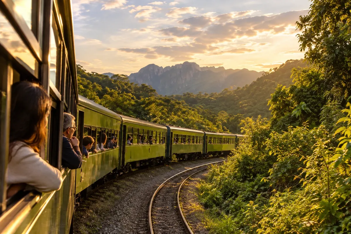 The train curves through the forest on the way down the Serra do Mar.