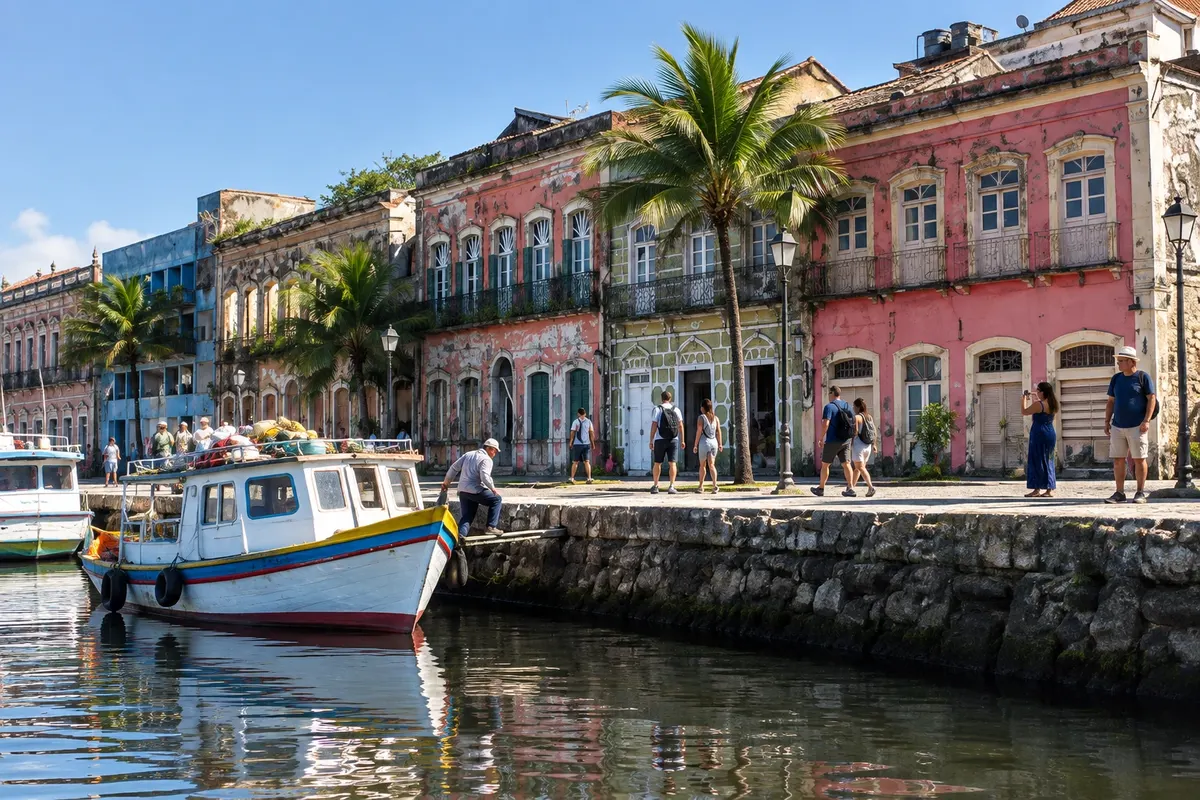 The townhouses of Rua da Praia reflected in the Rio Itiberê.