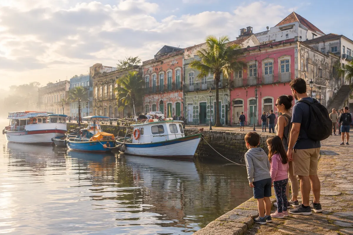 Boats moored in front of the old houses on Rua da Praia.