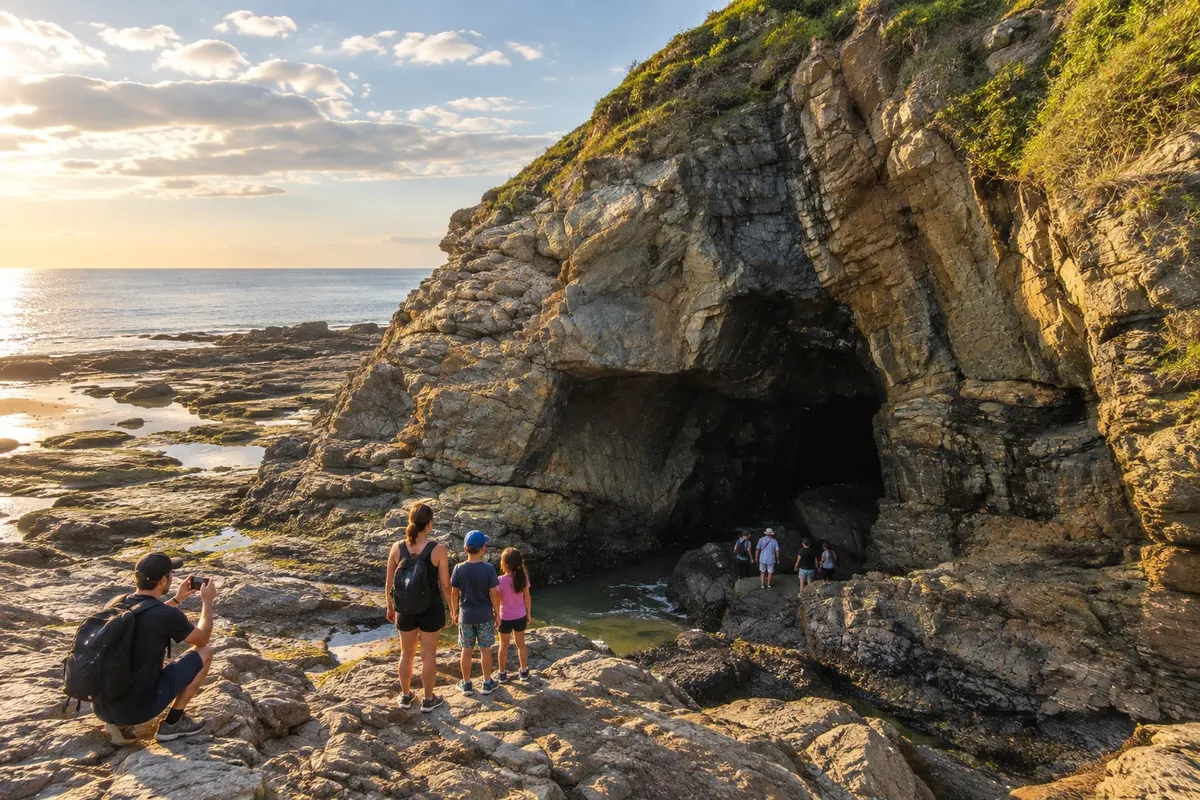 The mouth of the cave, carved by the sea into the rocky shore.