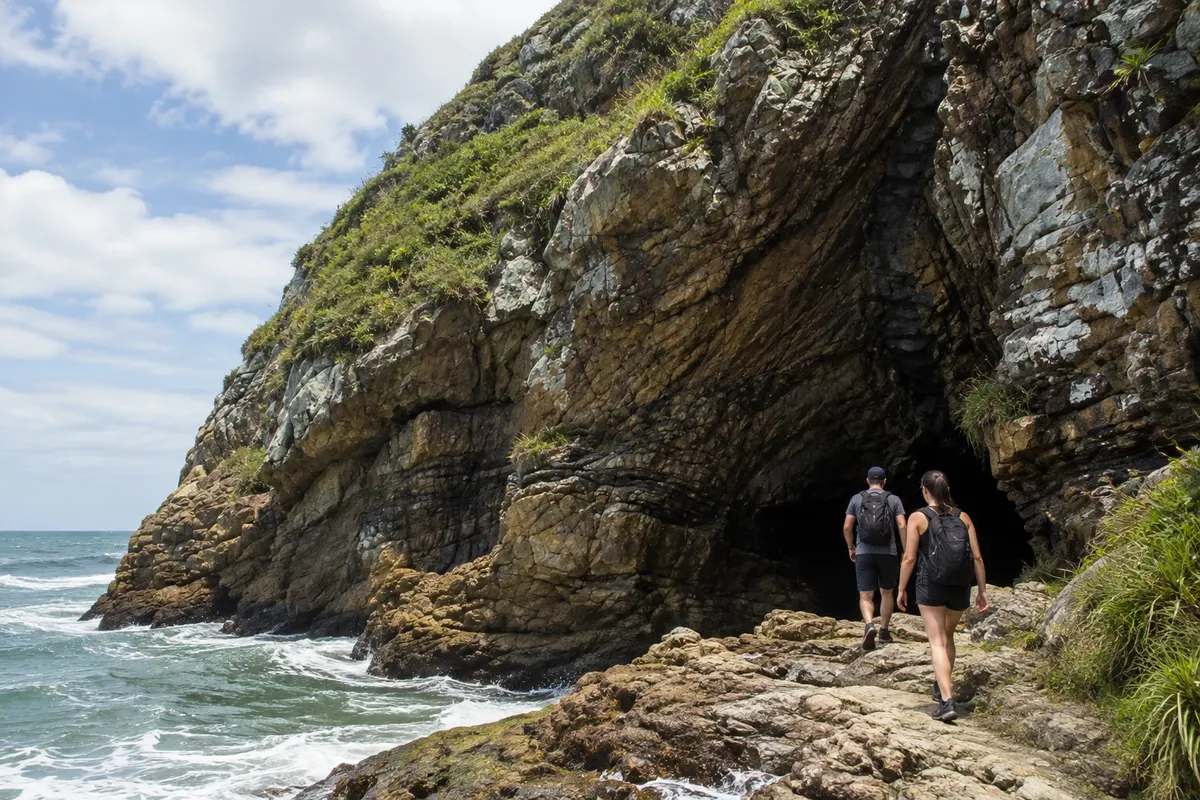 The rocky shore and the cave entrance, at the southern tip of the island.