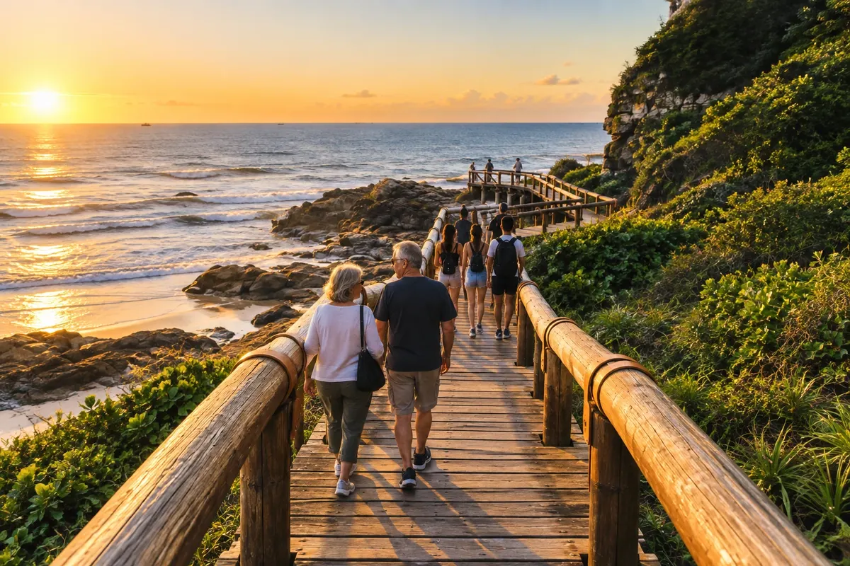 The wooden path along the rocky shore to the cave.