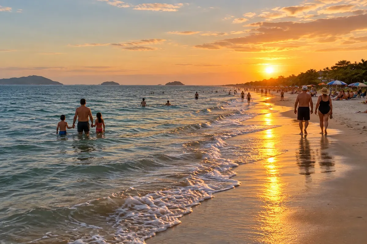 Late afternoon at the water's edge, with islands on the horizon.