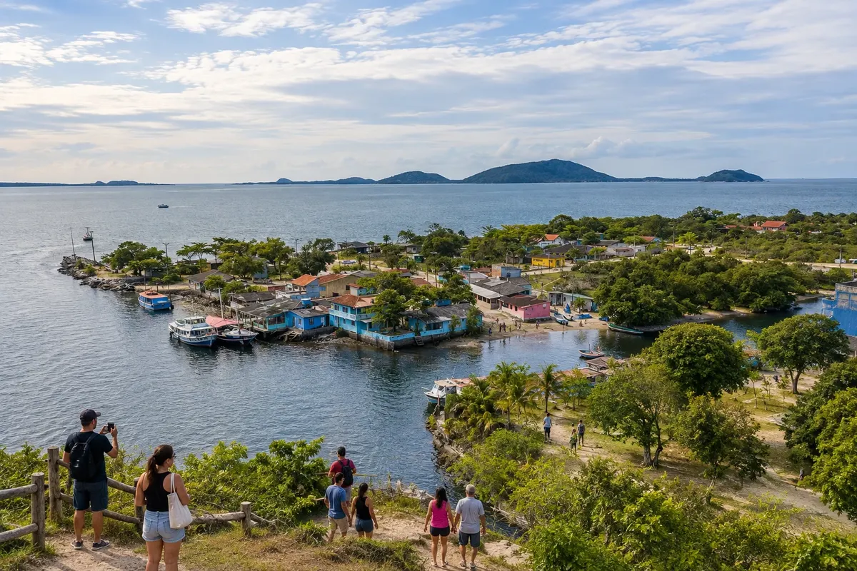 The channel opens onto the bay, with islands in the background.