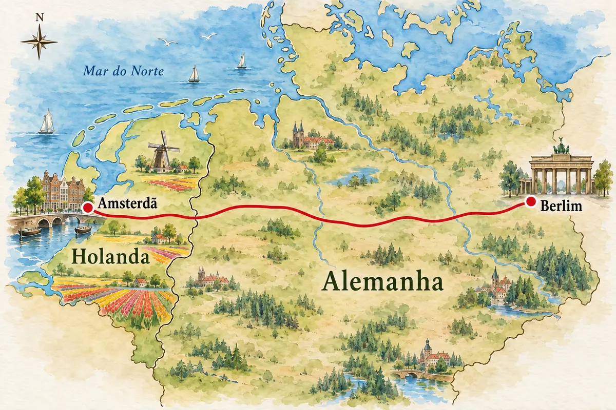 Mapa ilustrado de Amsterdã–Berlim en tren