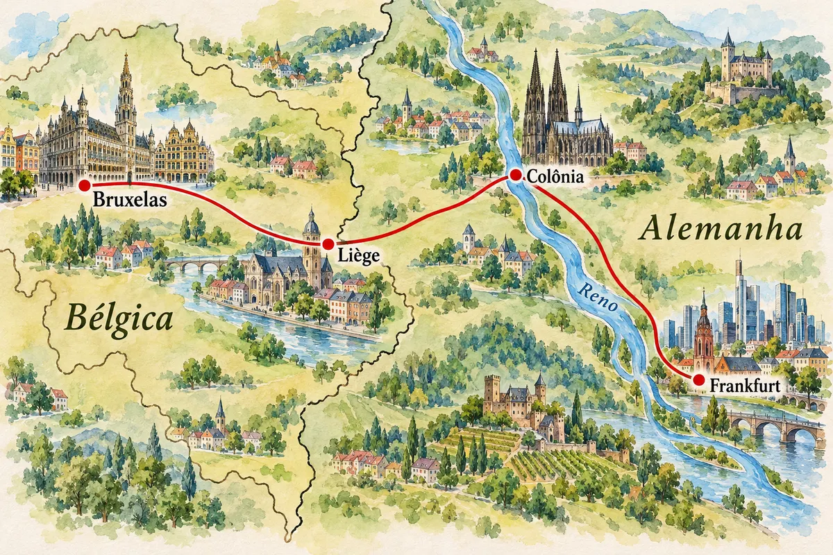 Illustrated map of Brussels–Cologne–Frankfurt by train