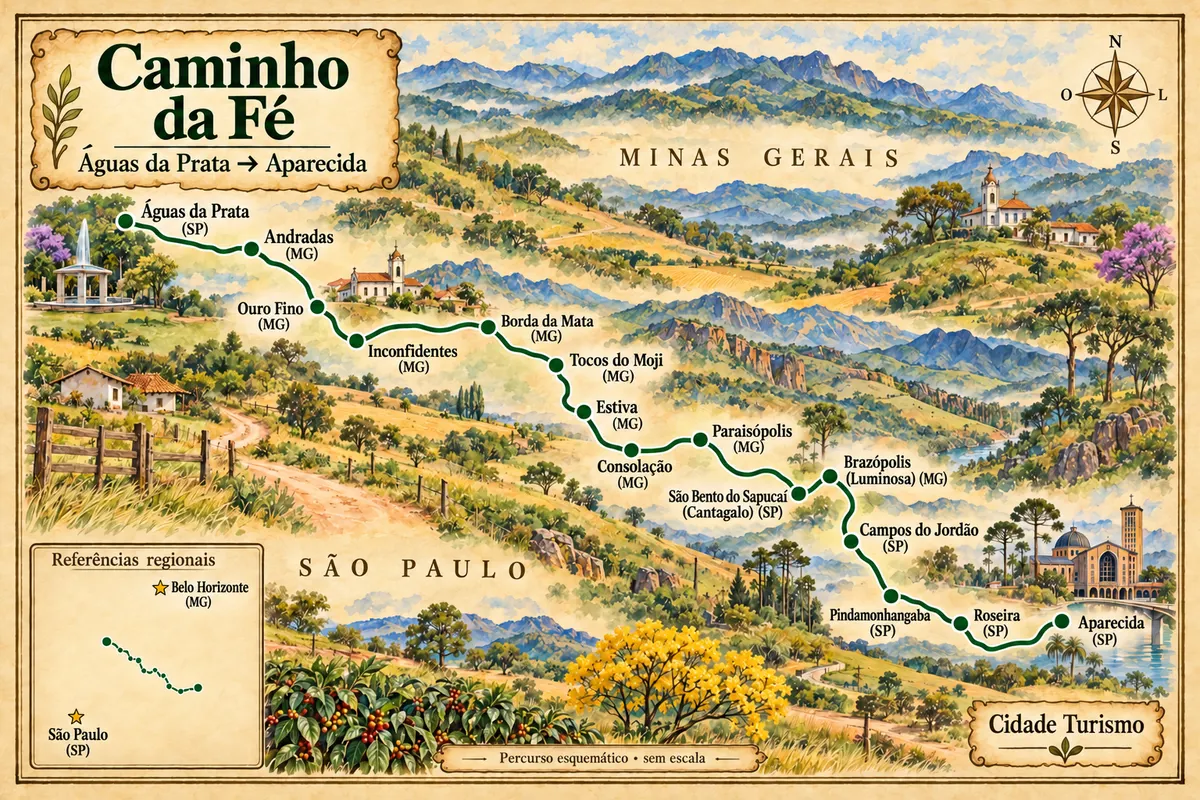 Illustrated map of Caminho da Fé