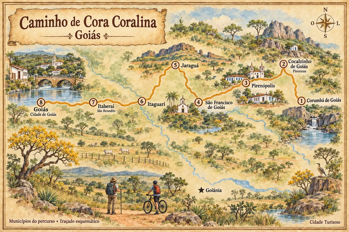 Illustrated map of Caminho de Cora Coralina