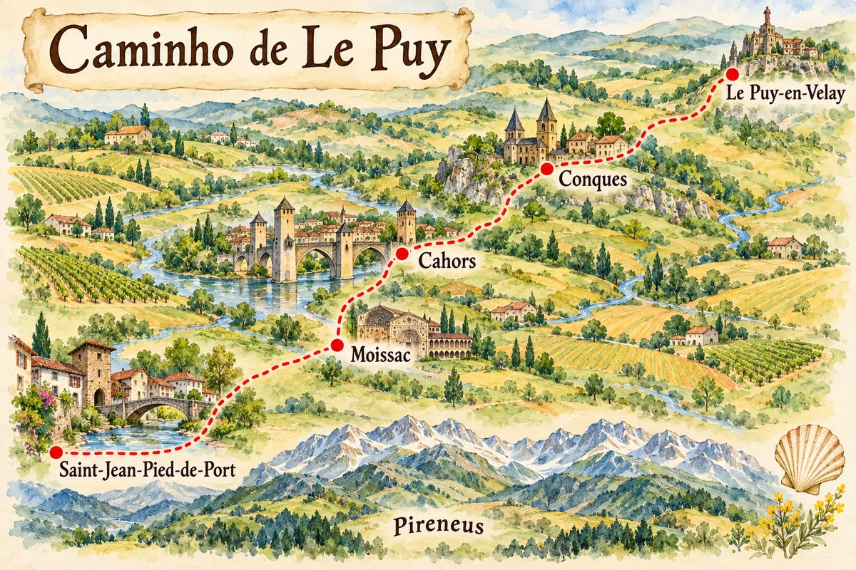 Illustrated map of Le Puy route on foot