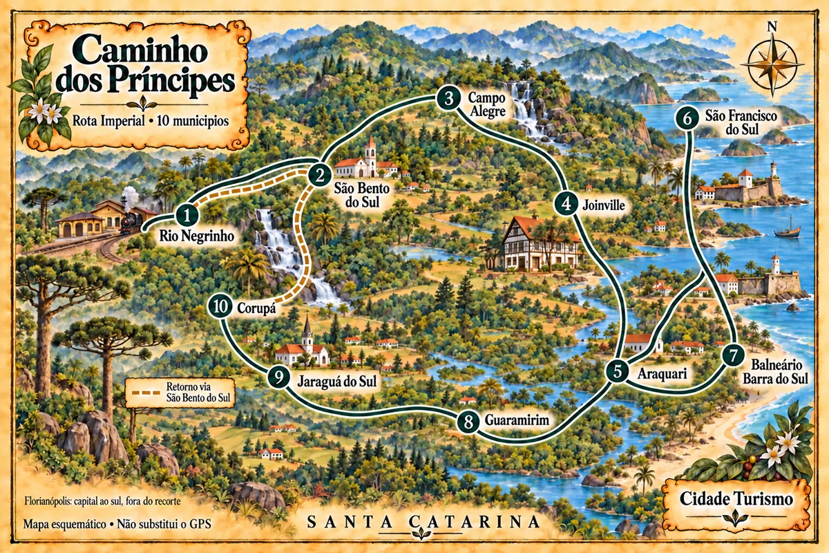 Illustrated map of Caminho dos Príncipes — Rota Imperial