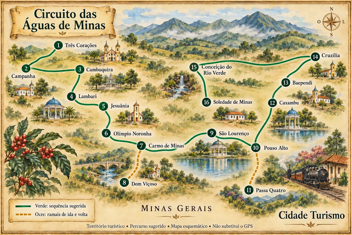 Mapa ilustrado de Circuito das Águas de Minas