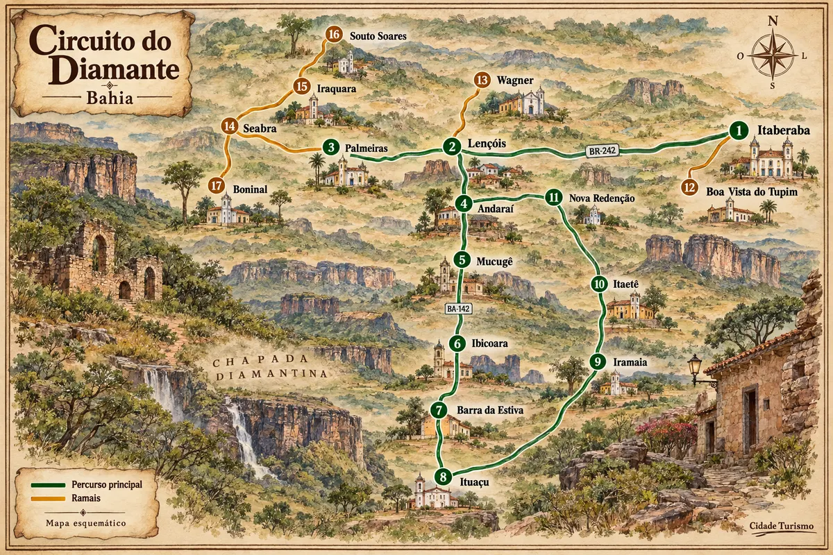 Illustrated map of Circuito do Diamante