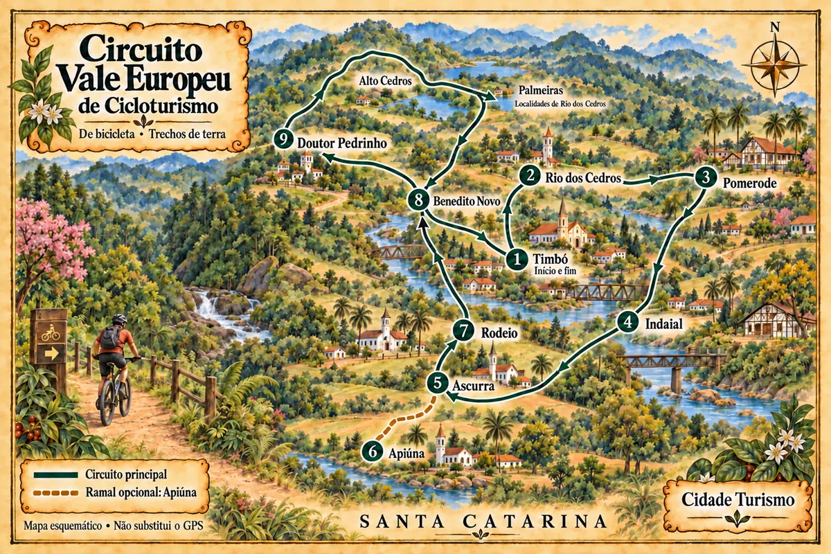Mapa ilustrado de Circuito Vale Europeu de Cicloturismo