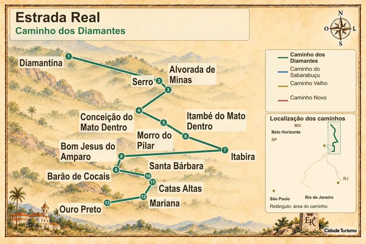 Mapa ilustrado de Estrada Real – Caminho dos Diamantes