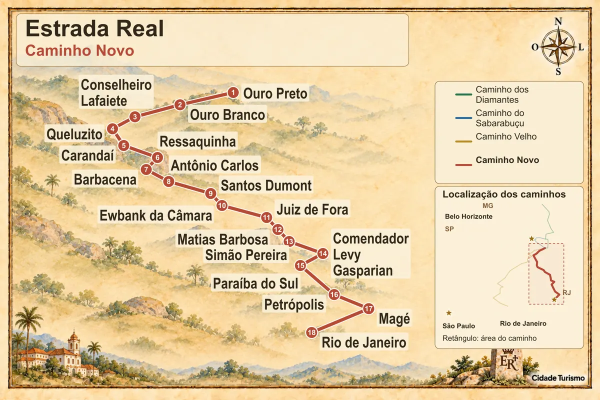 Mapa ilustrado de Estrada Real – Caminho Novo