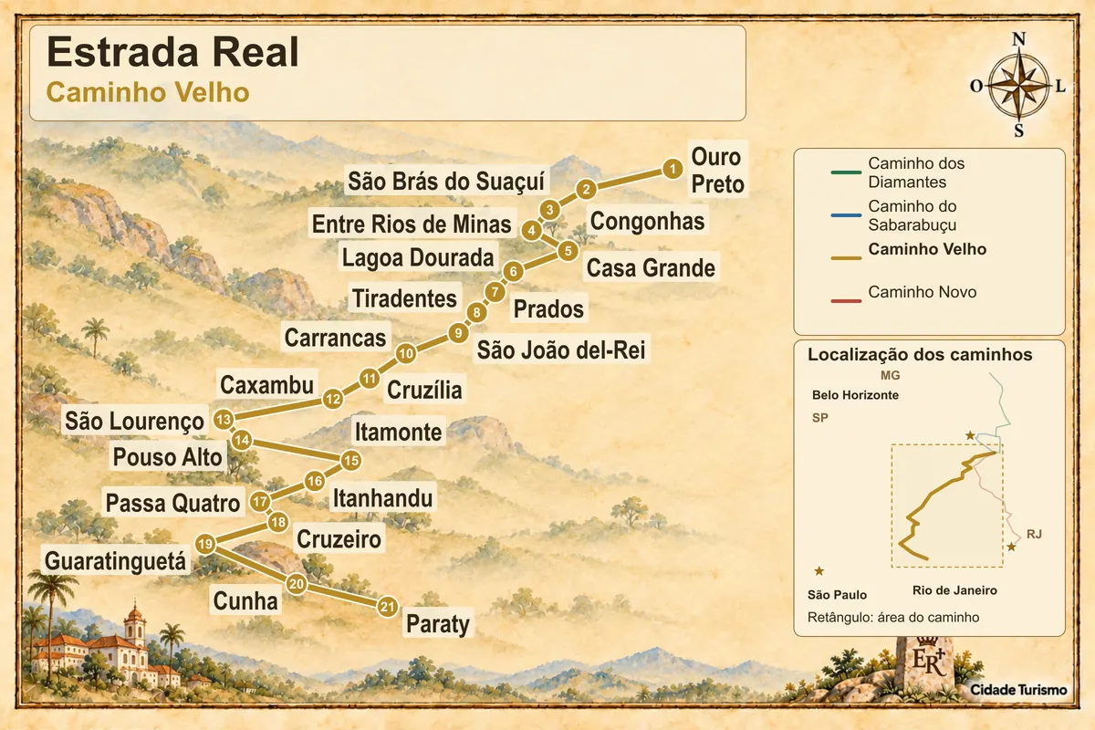 Mapa ilustrado de Estrada Real – Caminho Velho
