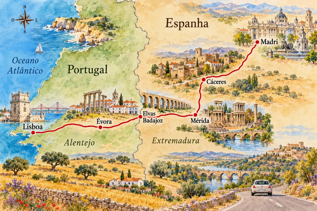 Lisboa–Évora–Mérida–Cáceres–Madri en coche