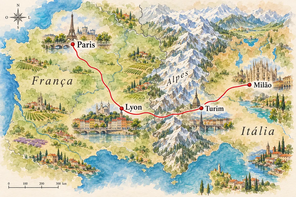 Illustrated map of Milan–Paris by train through the Alps
