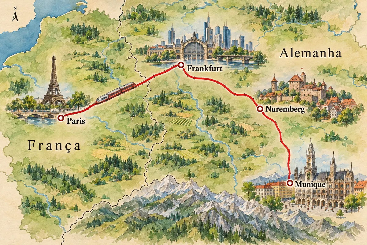 Mapa ilustrado de París–Frankfurt–Múnich en tren