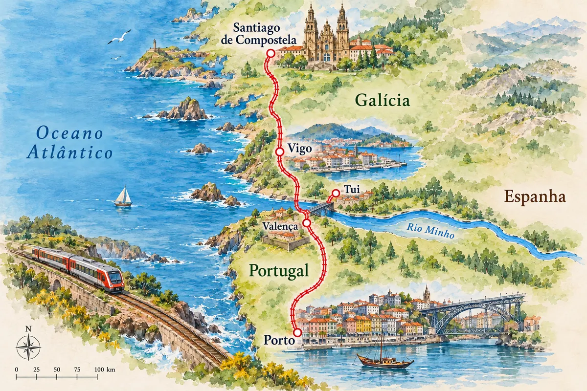 Porto–Vigo–Santiago de Compostela en tren