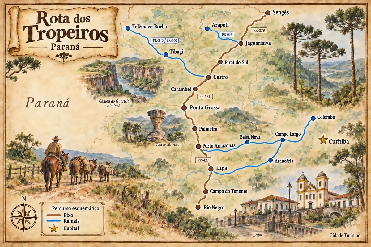 Illustrated map of Rota dos Tropeiros