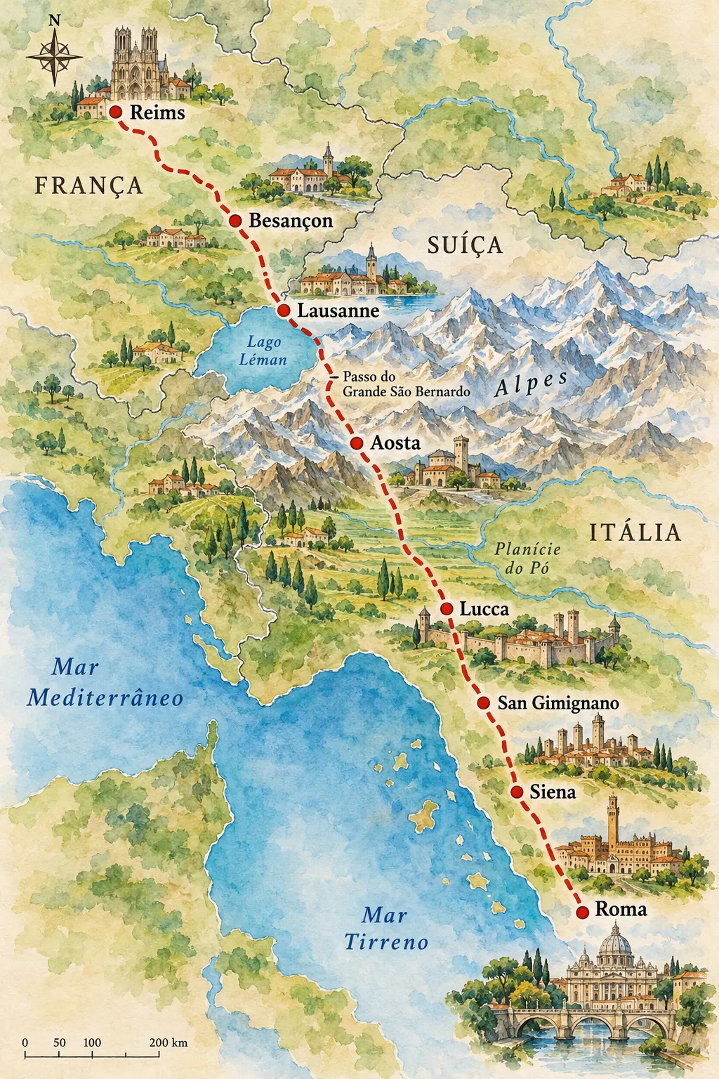 Illustrated map of Via Francígena on foot: from Canterbury to Roma