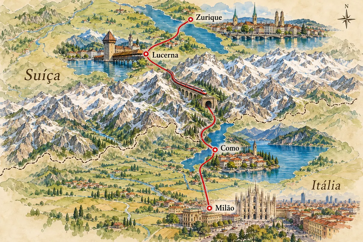 Illustrated map of Zurich–Milan via the Gotthard