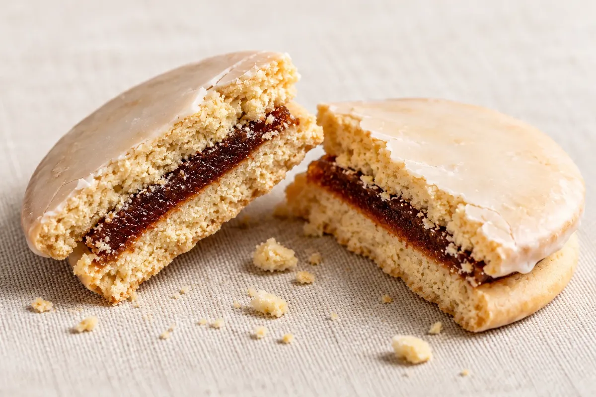 Alfajor cordobés: dough, quince jam and icing in detail.