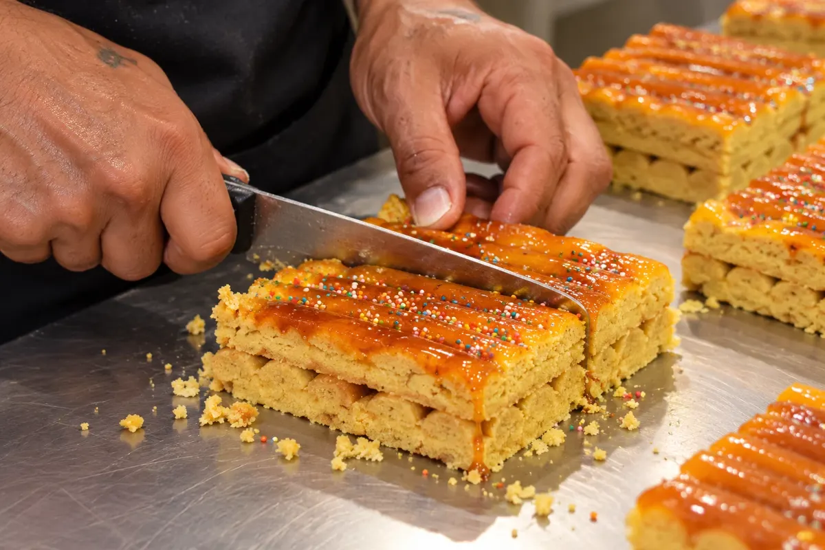 Doña Pepa turrón: cut for serving.