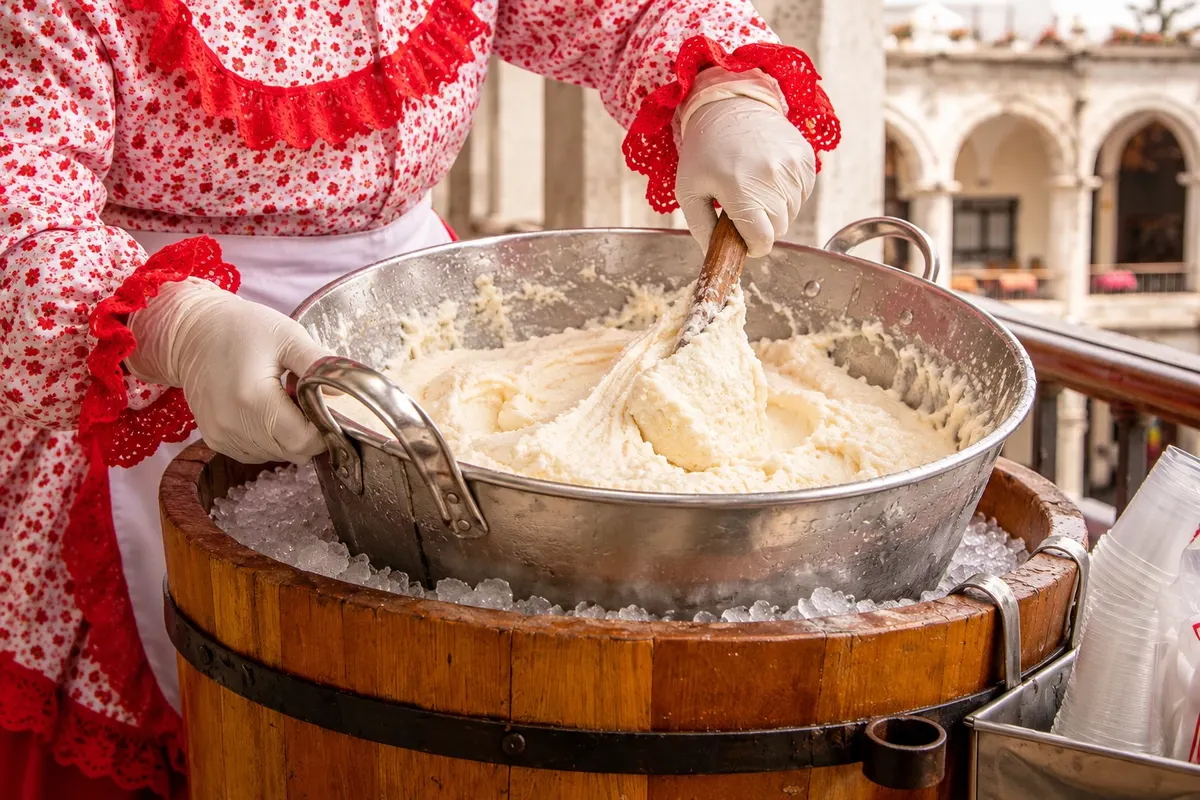 Queso helado: detail of preparation or service.