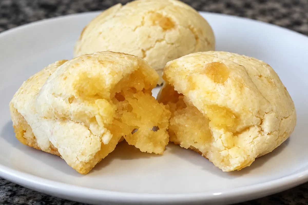 Split chipa: detail of the crust and the starch-and-cheese interior.