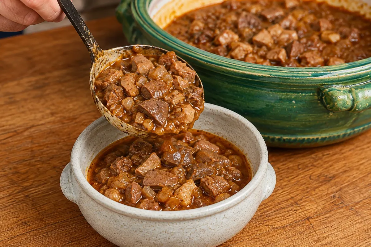 Batiburrillo: close-up of the serving served with a ladle.