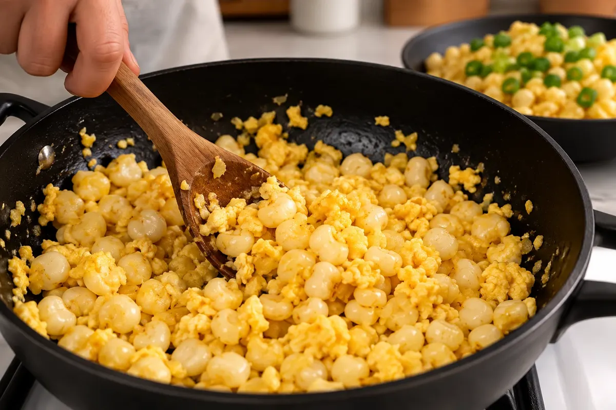 Preparation of mote pillo with corn and eggs.
