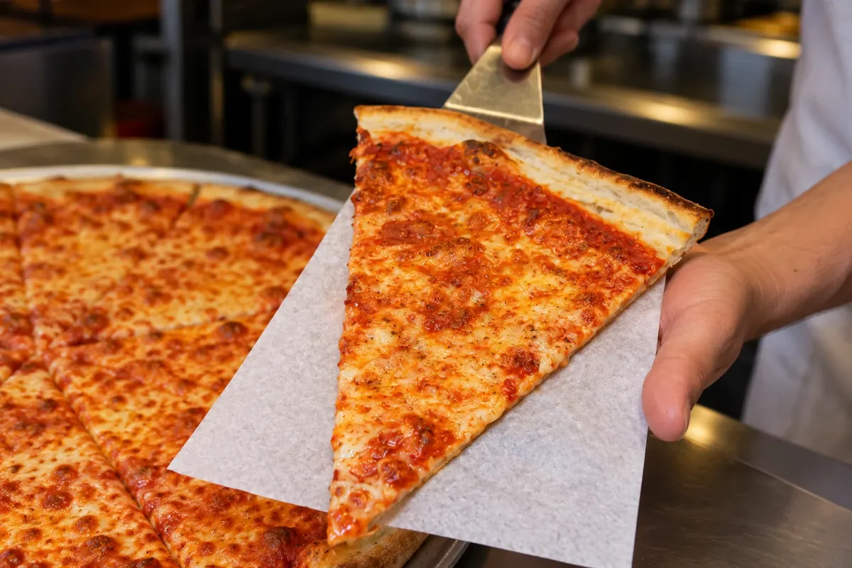 New York‑style pizza — detail of presentation or service
