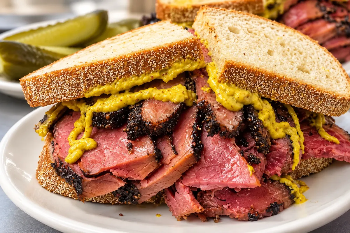 Pastrami on rye — detail of the presentation or service