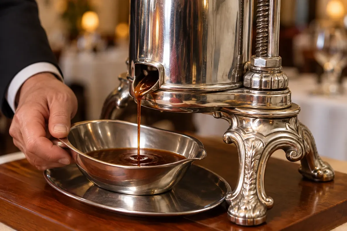 Service of canard à la rouennaise: collecting the juice in the press.