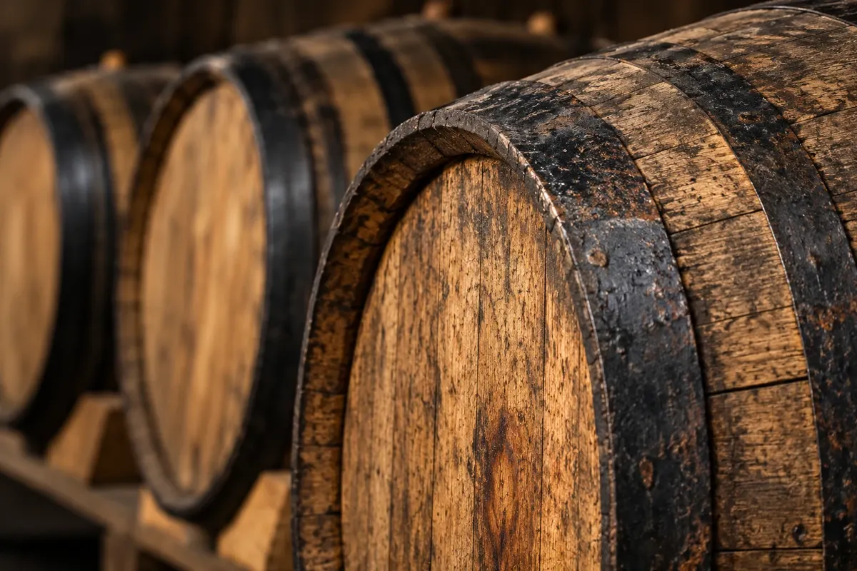 Oak barrels used in the aging of calvados.