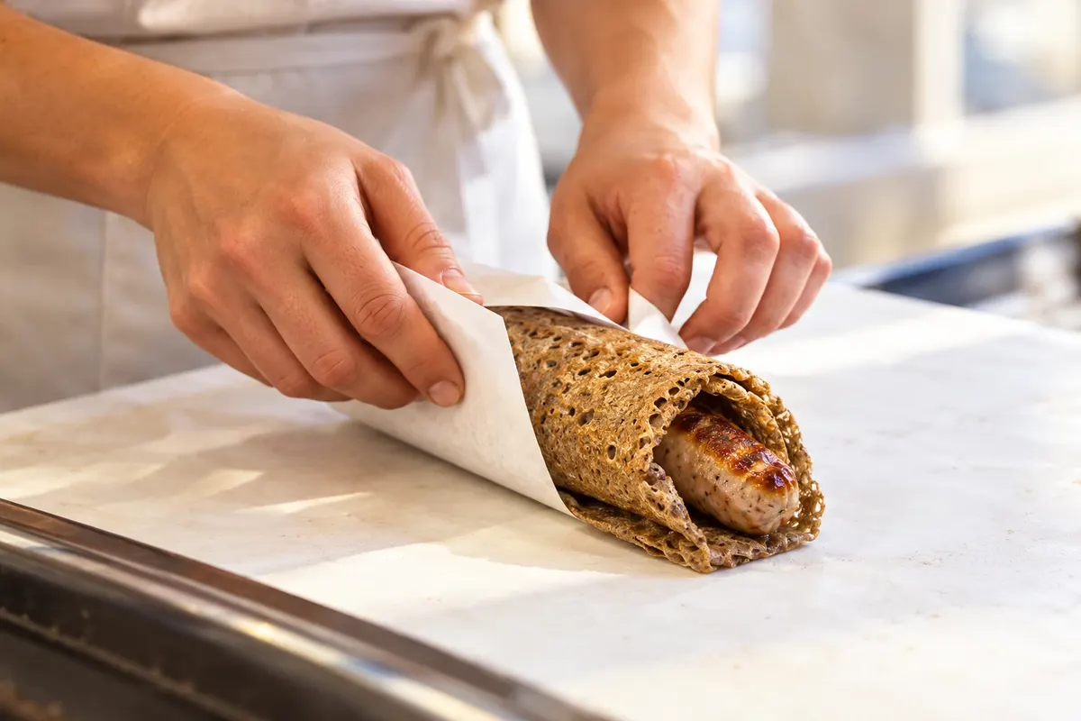 Galette-saucisse being wrapped to serve.